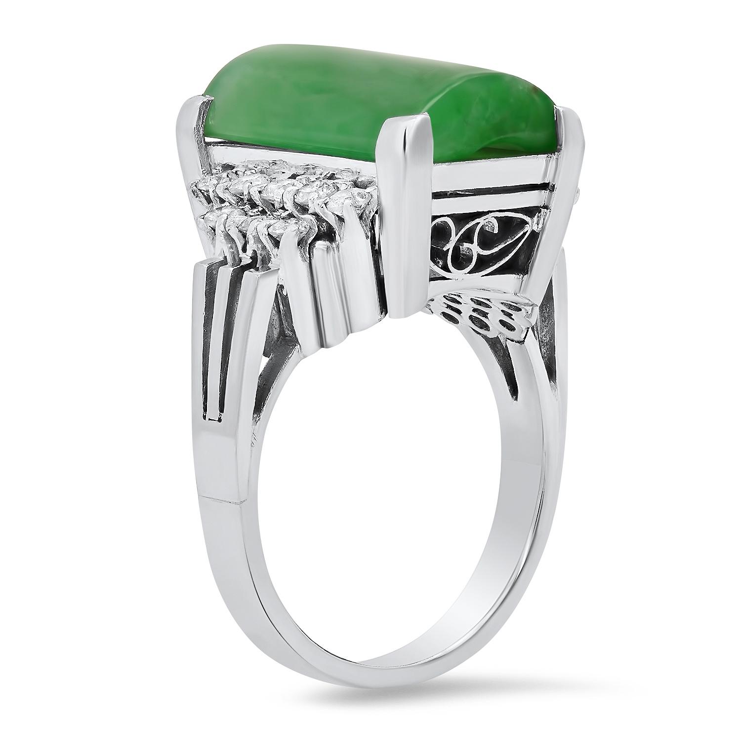 Platinum Setting with 15mm by 10mm Jade and 0.40ct Diamond Ladies Ring