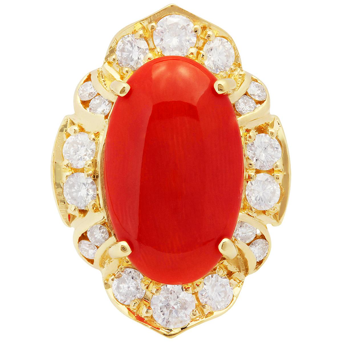 14k Yellow Gold 5.55ct Coral 1.42ct Diamond Ring