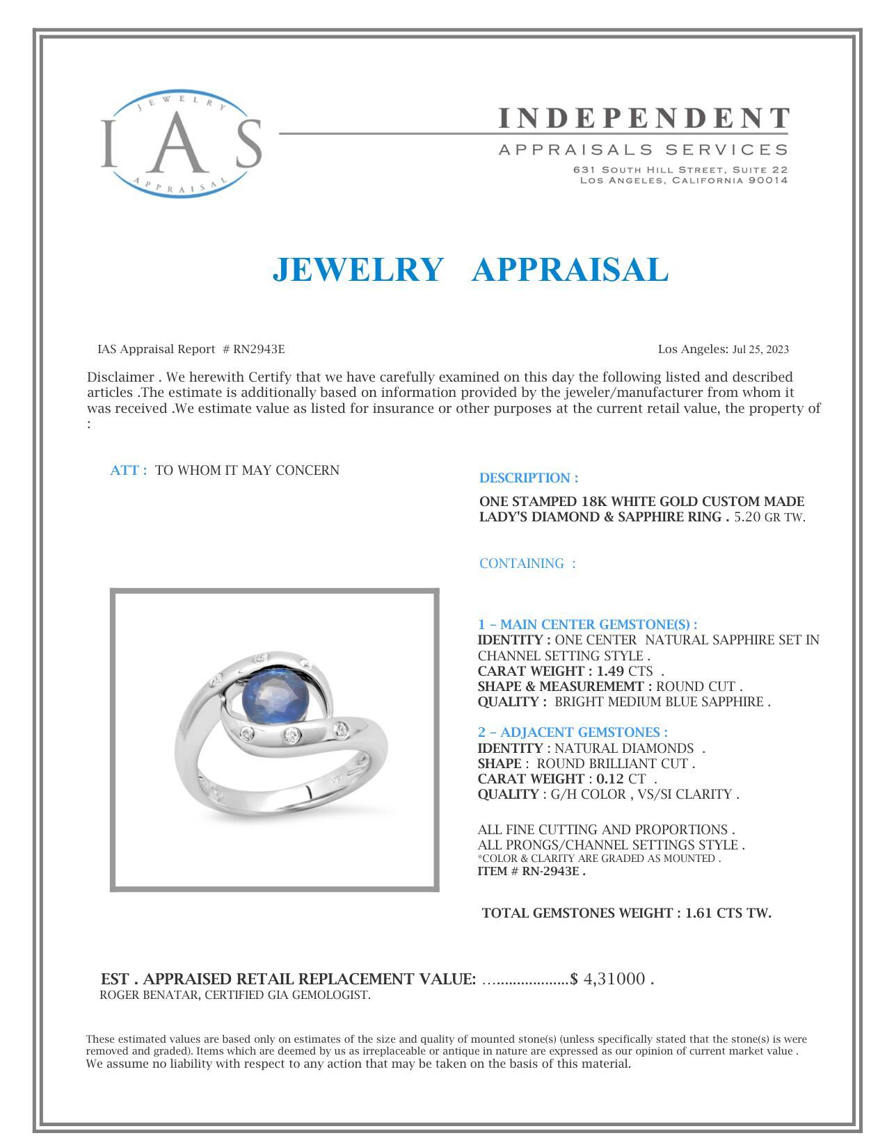 18K White Gold Setting with 1.49ct Sapphire and 0.12ct Diamond Ring