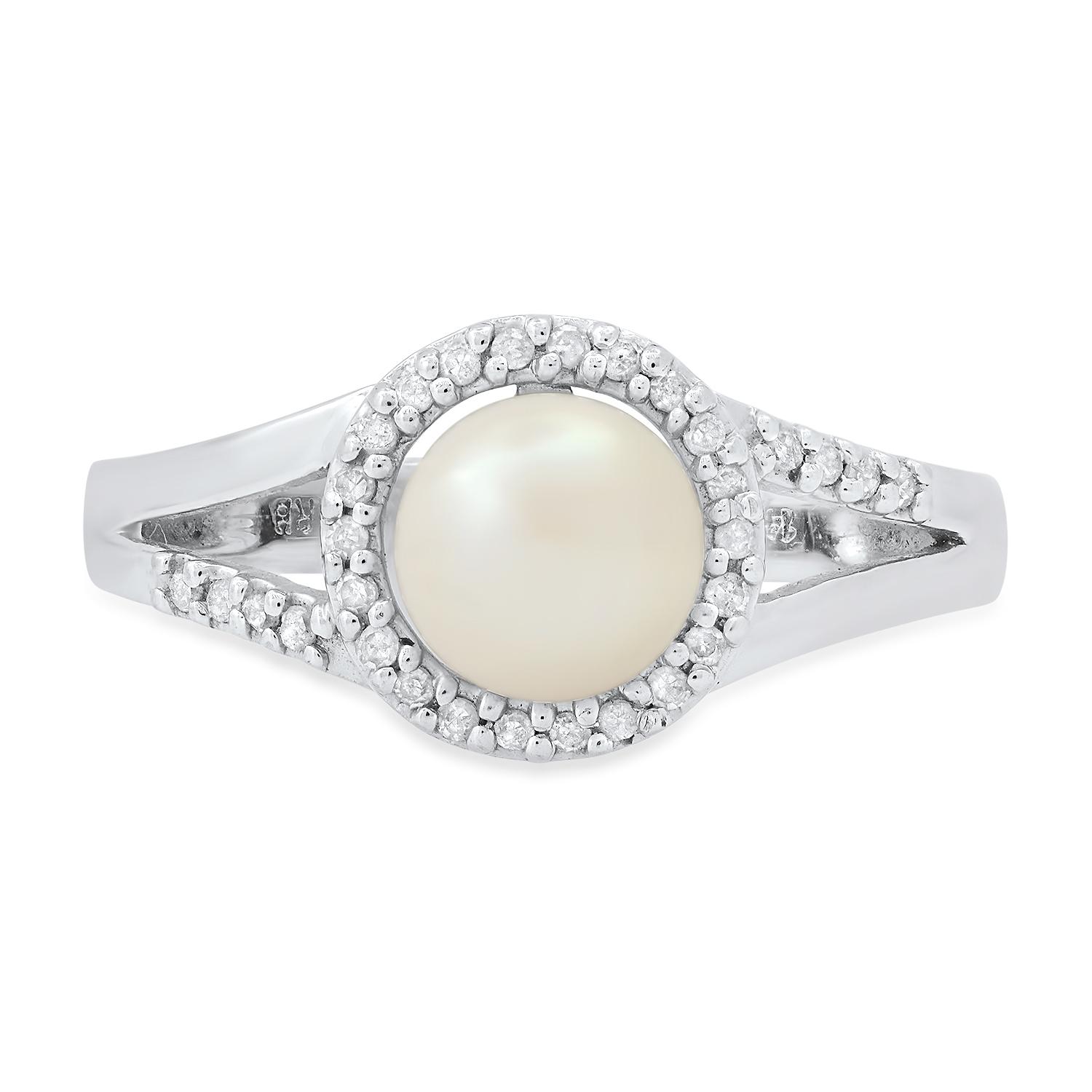 14K White Gold Setting with one 7mm Cultured Pearl and 0.15ct Diamond Ladies Ring