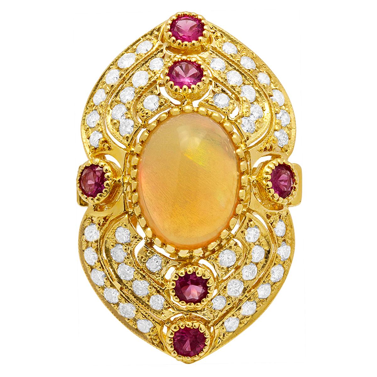 14k Yellow Gold 3.90ct Ethiopian Opal 0.90ct Ruby 1.49ct Diamond Ring