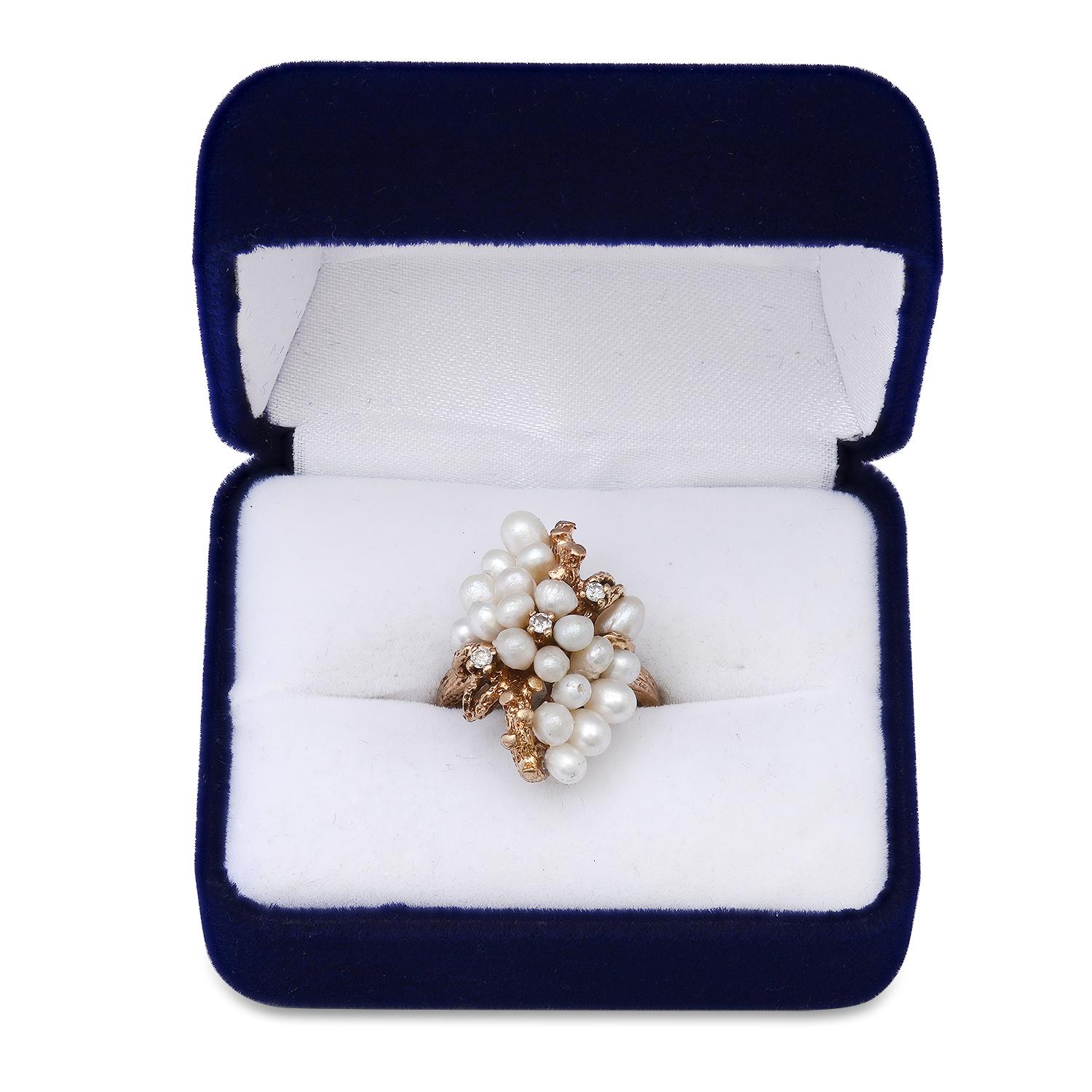 10K Yellow Gold Setting with Mixed White Pearls and 0.10ct Diamond Ladies Ring