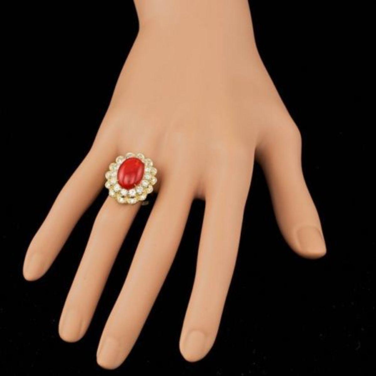 14K Yellow Gold 5.09ct Coral and 1.78ct Diamond Ring