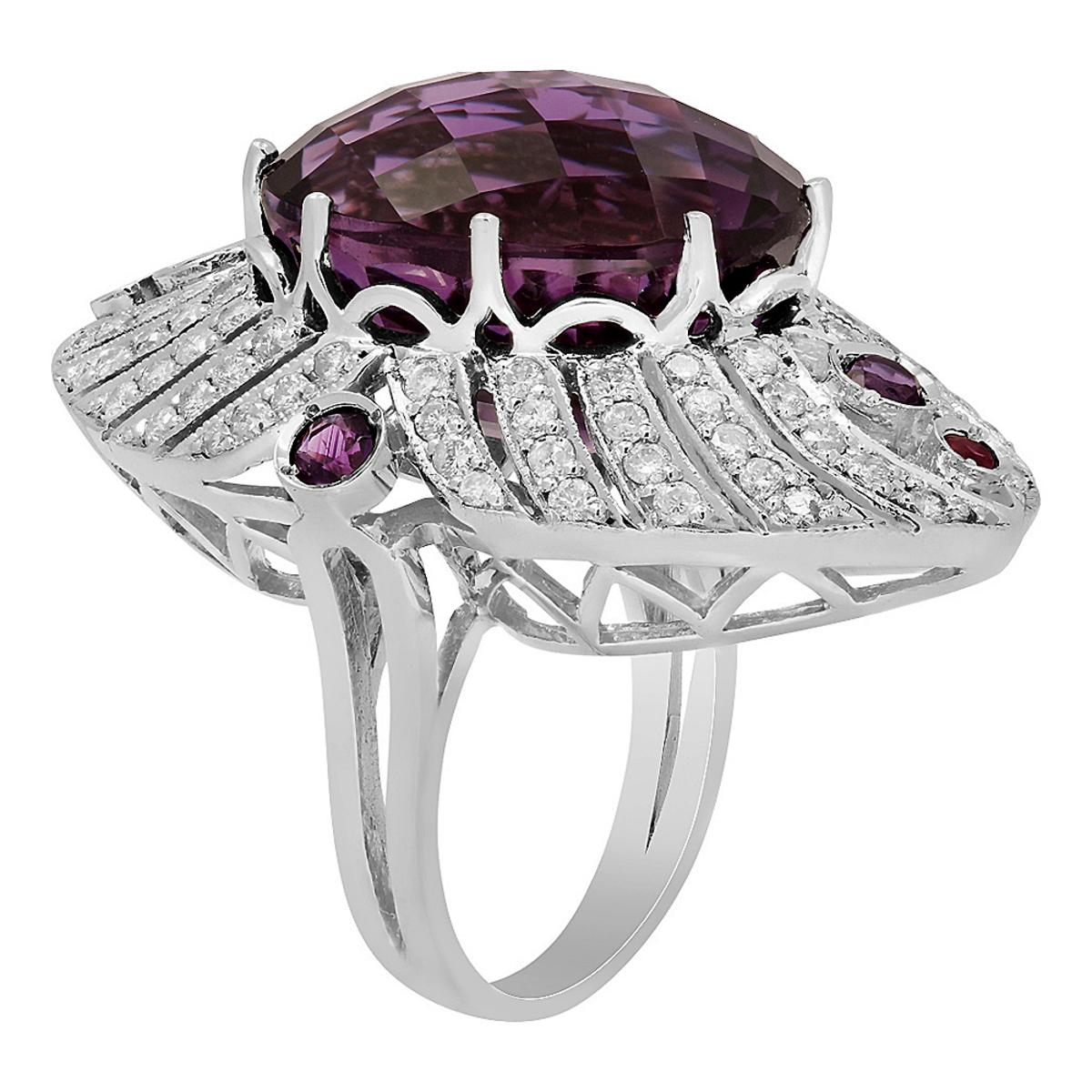 14k White Gold 26.23ct & 0.40ct Amethyst 0.15ct Ruby 1.72ct Diamond Ring