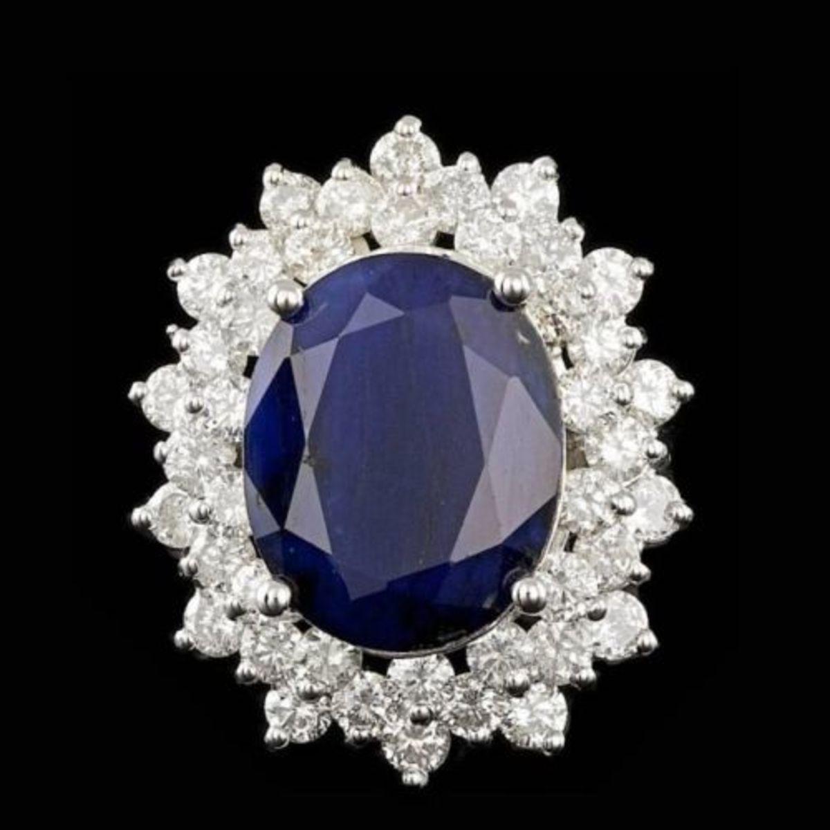 14K White Gold 13.19ct Sapphire and 2.96ct Diamond Ring