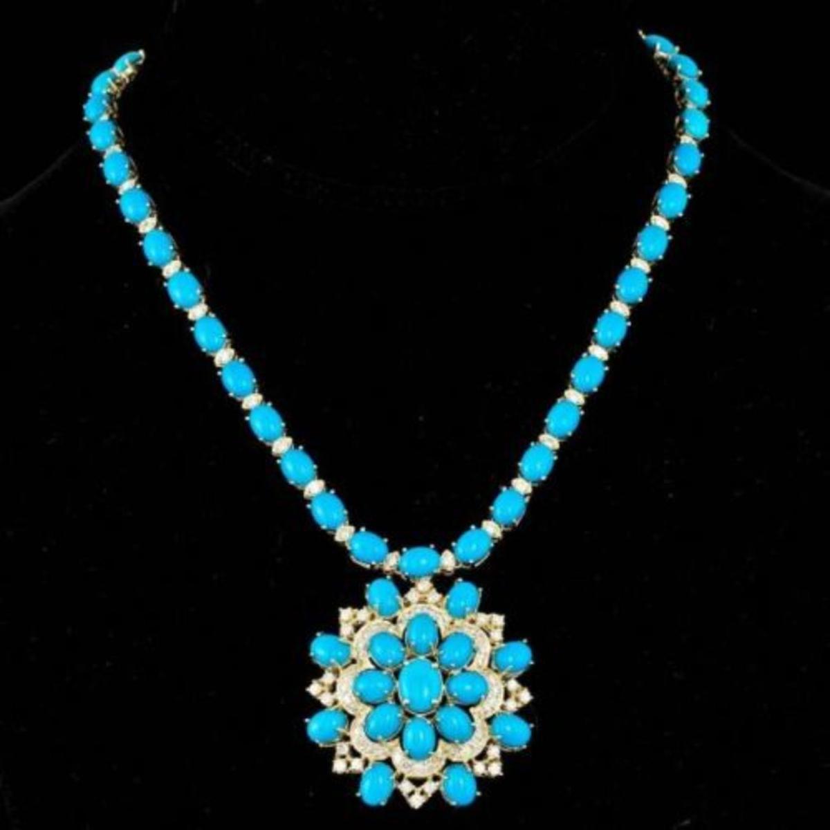 14K Yellow Gold 62.30ct Turquoise and 4.85ct Diamond Necklace