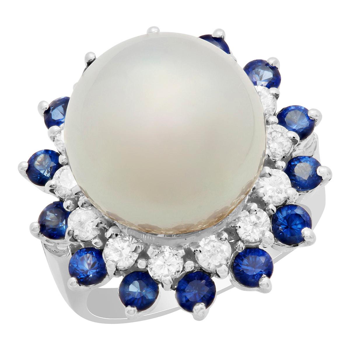 14k White Gold 13.5mm Pearl 1.37ct Sapphire 0.74ct Diamond Ring