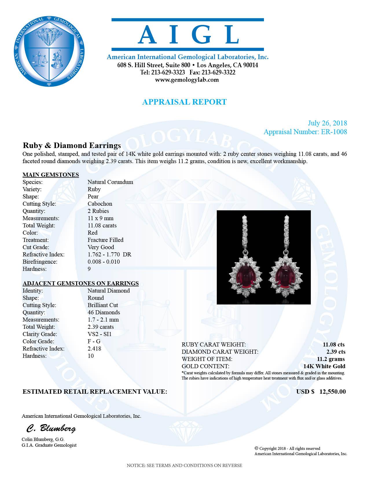 14K Gold 11.08ct Ruby 2.39ct  Diamond Earrings