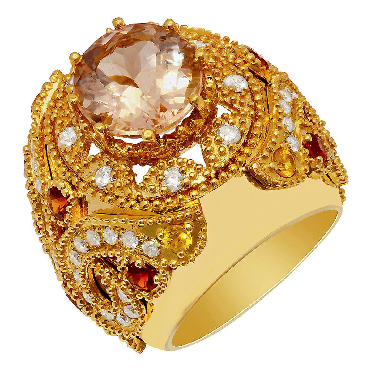 14k Yellow Gold 5.25ct Morganite 0.75ct Sapphire 1.61ct Diamond Ring