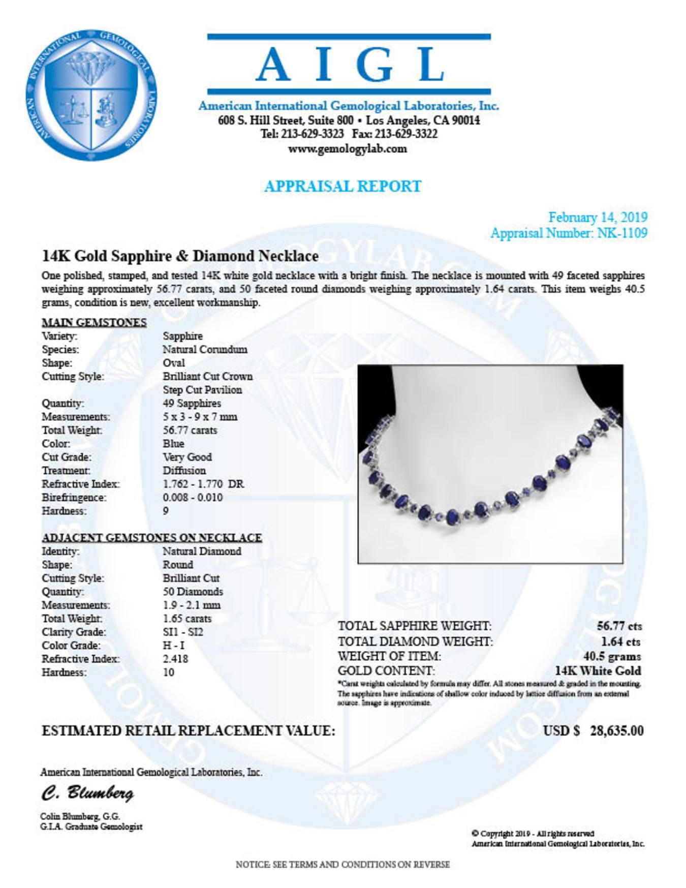 14K White Gold 56.77ct Sapphire and 1.64ct Diamond Necklace