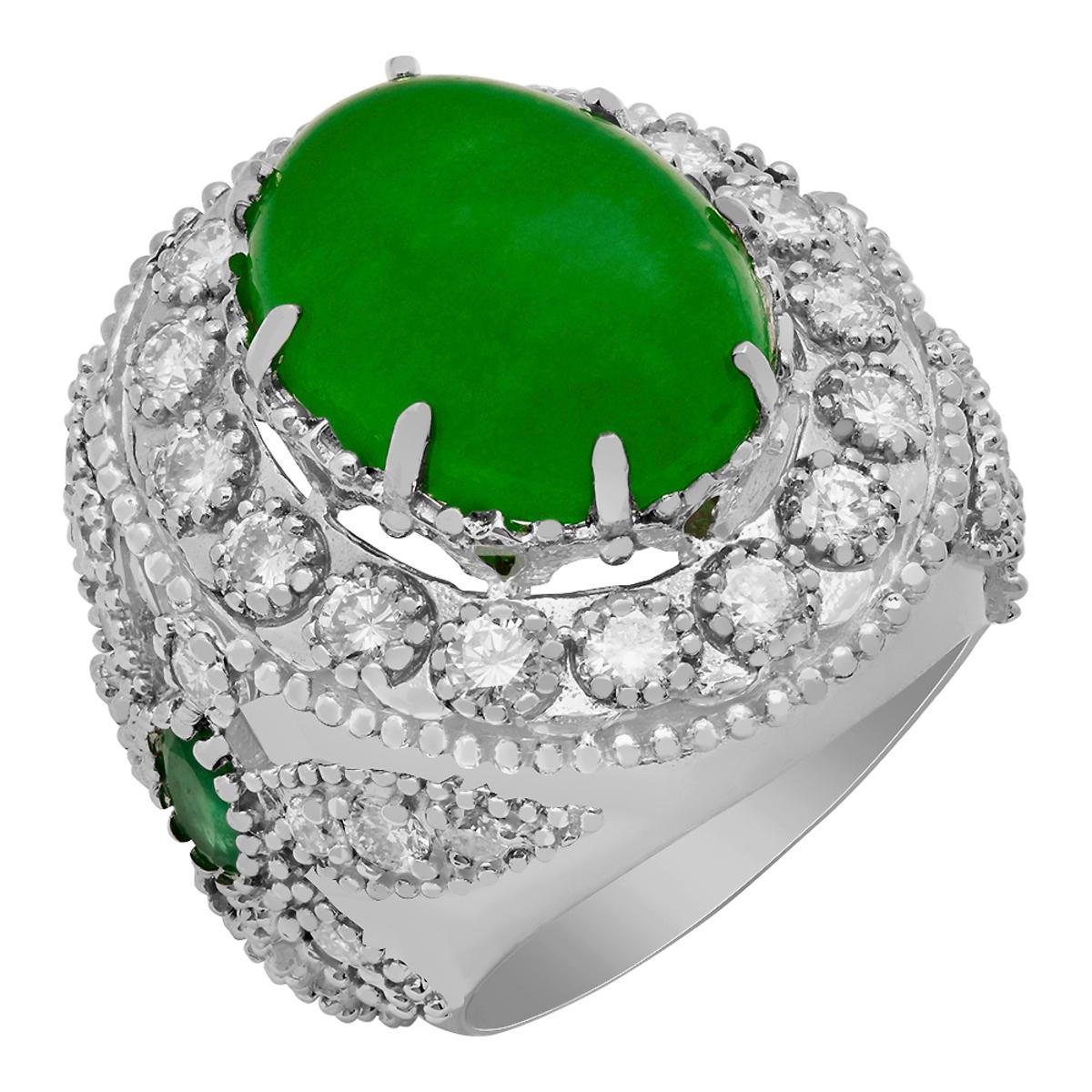 14k White Gold 9.31ct Jade 0.60ct Emerald 1.94ct Diamond Ring