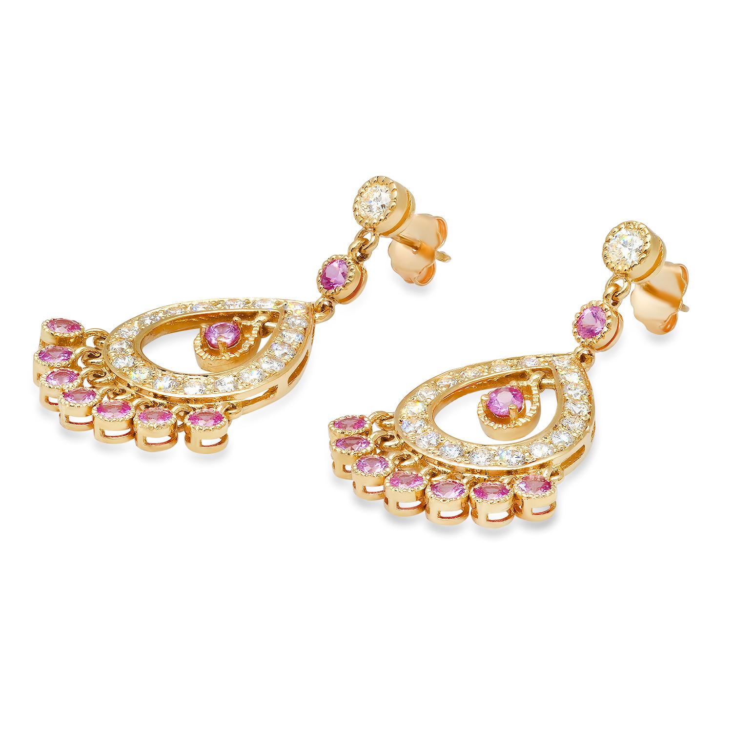 14K Yellow Gold 2.50ct Pink Sapphire and 2.05ct Diamond Earrings