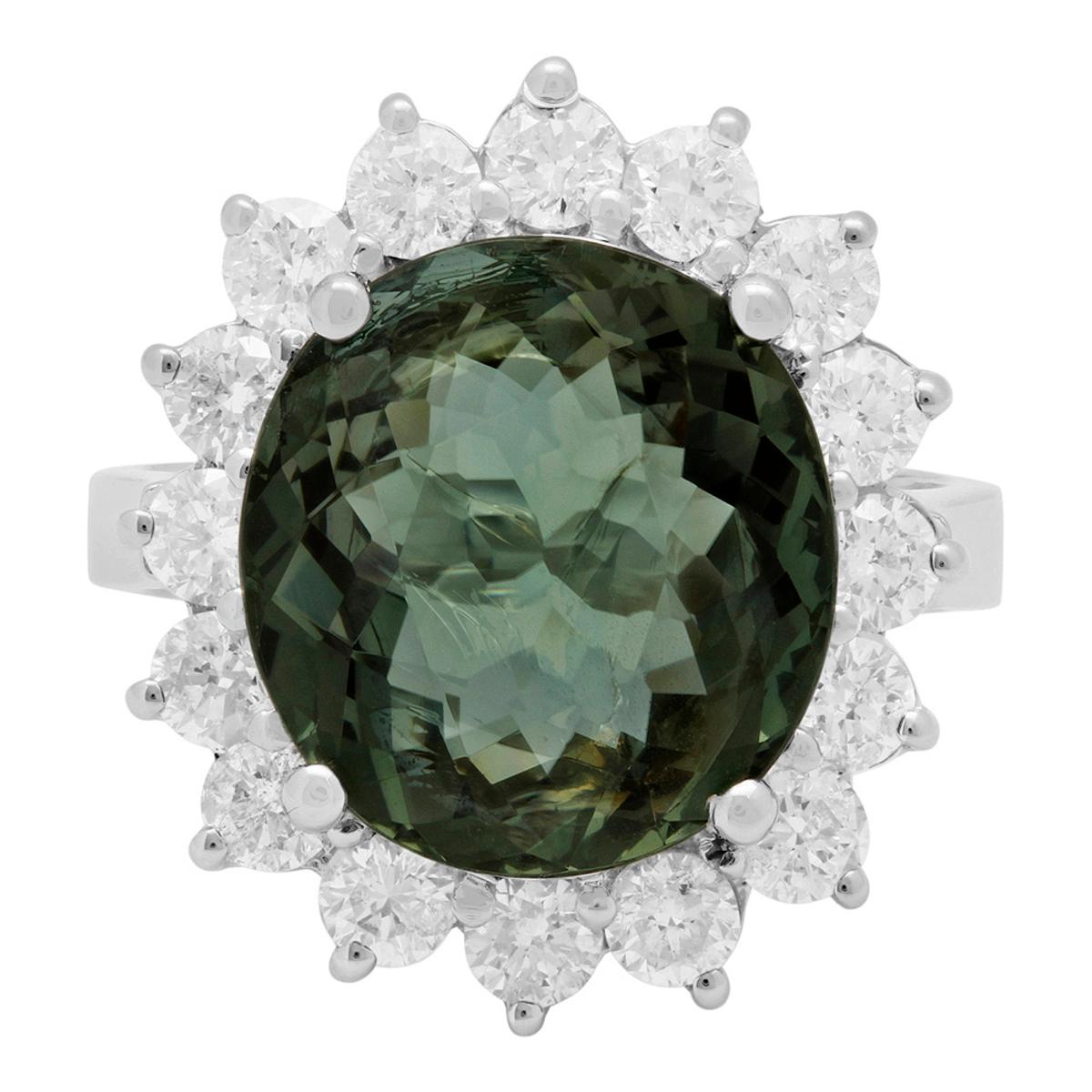 14k White Gold 6.78ct Green Tourmaline 1.89ct Diamond Ring
