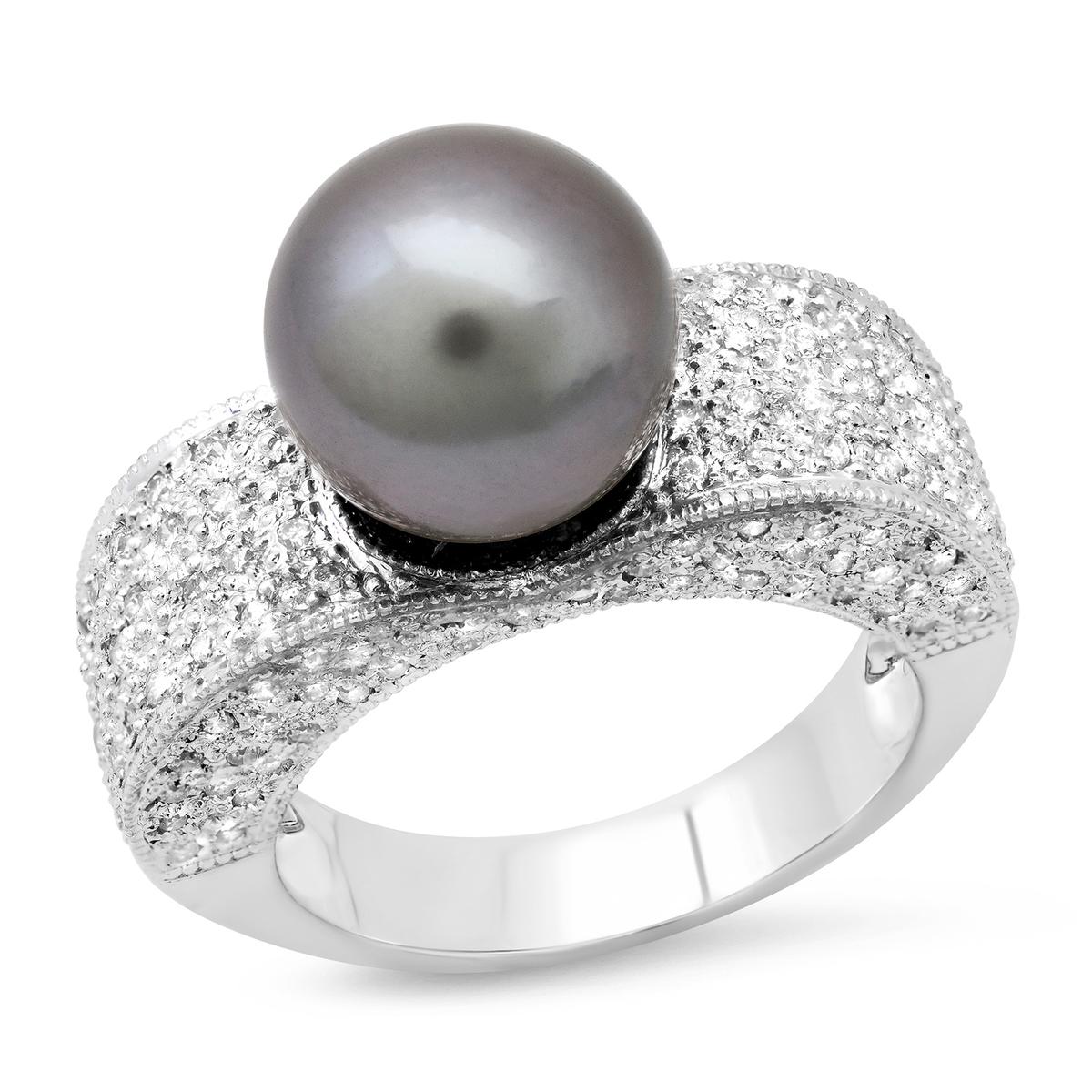 14K White Gold Setting with One 10.5mm South Sea Pearl and 0.70ct Diamond Ring