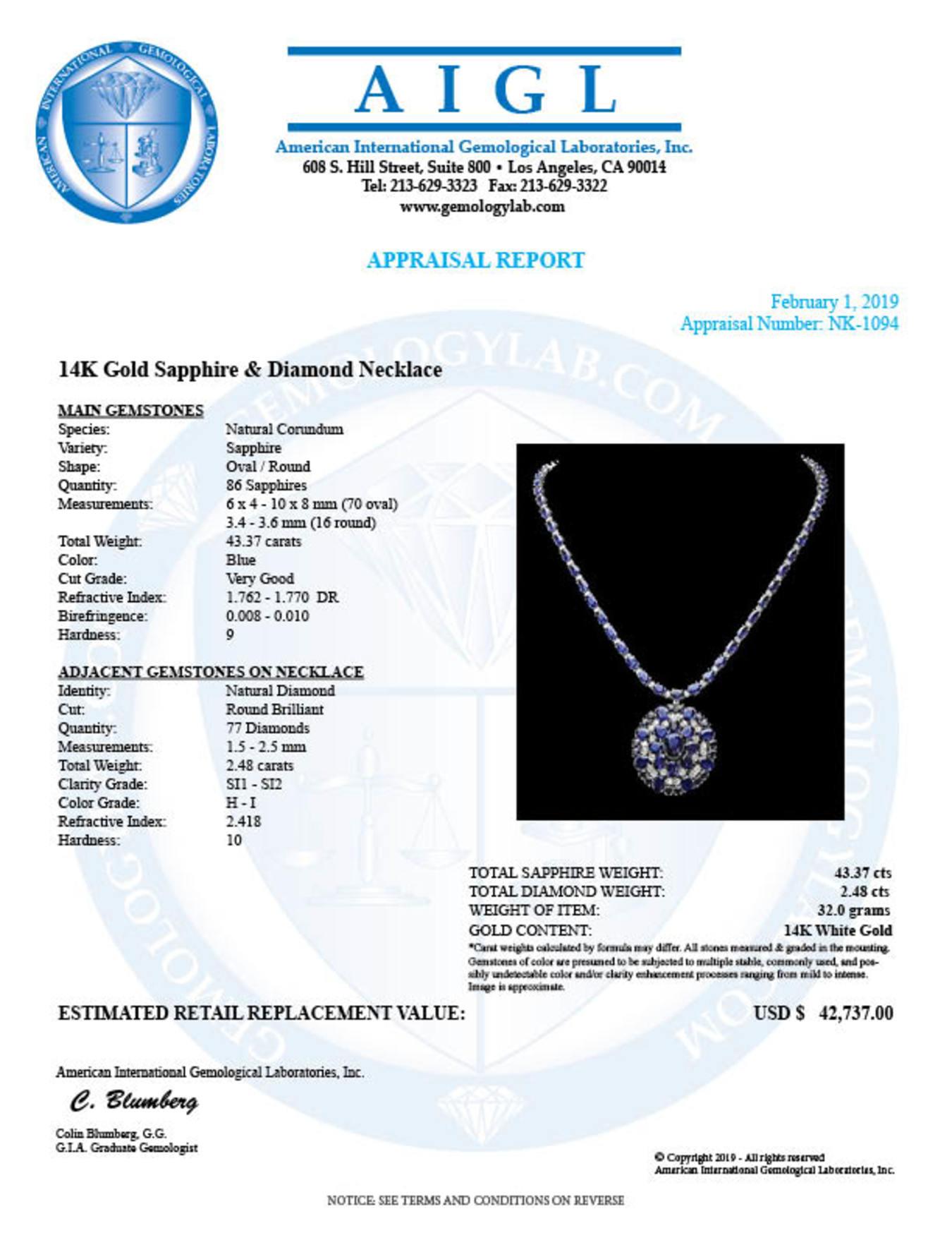 14K White Gold 43.37ct Sapphire and 2.48ct Diamond Necklace