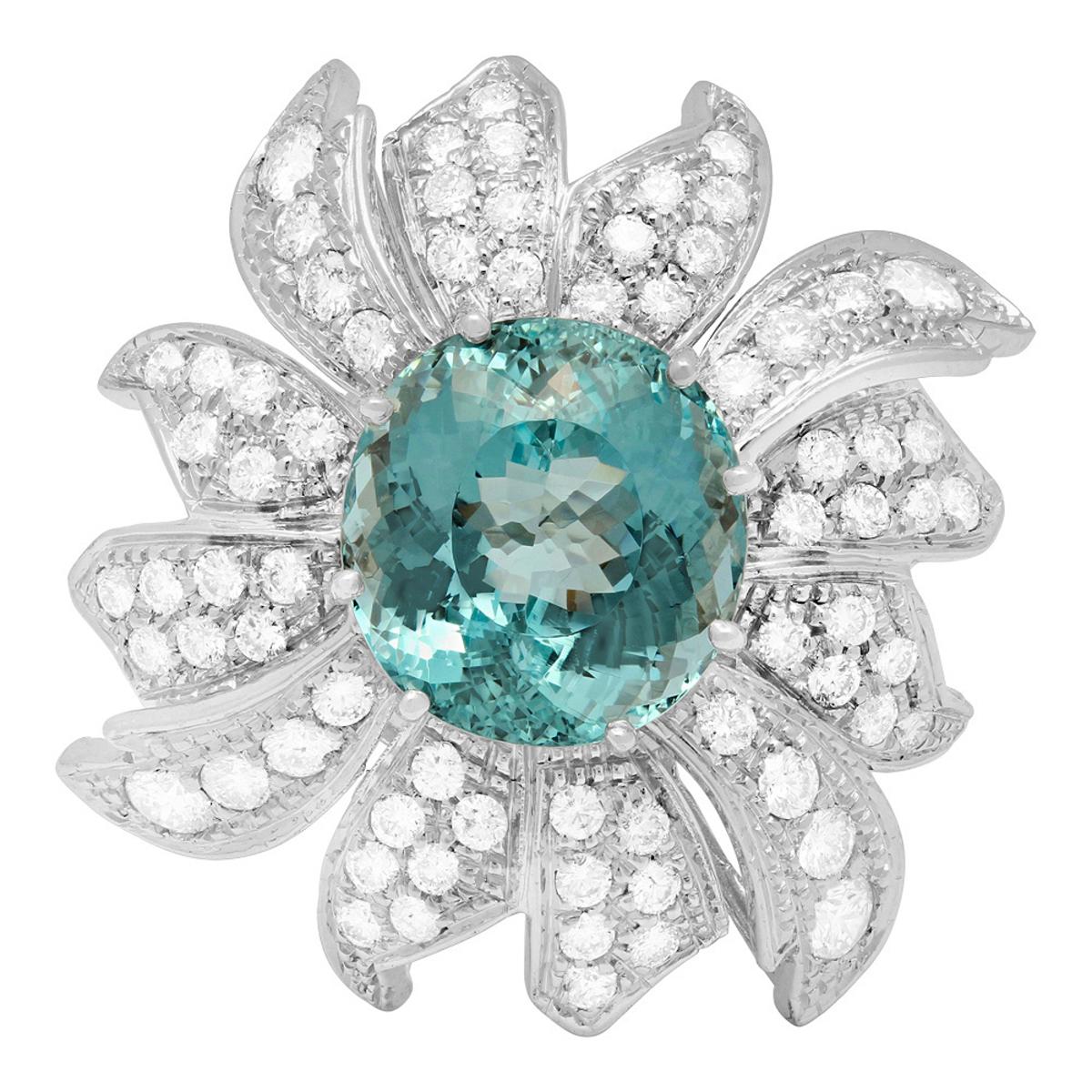 14k White Gold 12.76ct Aquamarine 4.29ct Diamond Ring