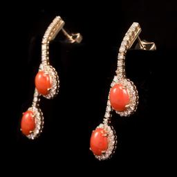 14K Gold 4.63ct Coral 2.77ct Diamond Earrings