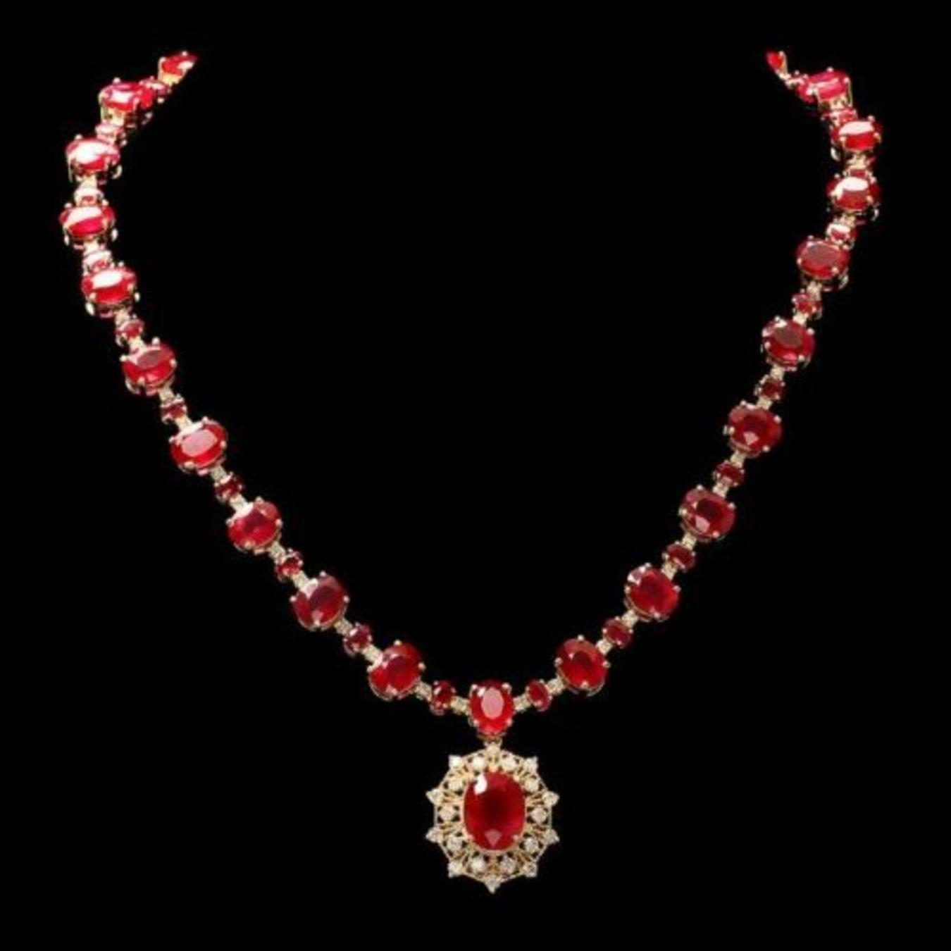 14K Yellow Gold 81.80ct Ruby and 2.85ct Diamond Necklace