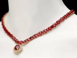 14K Yelloow Gold 102.37ct Ruby and 1.61ct Diamond Necklace