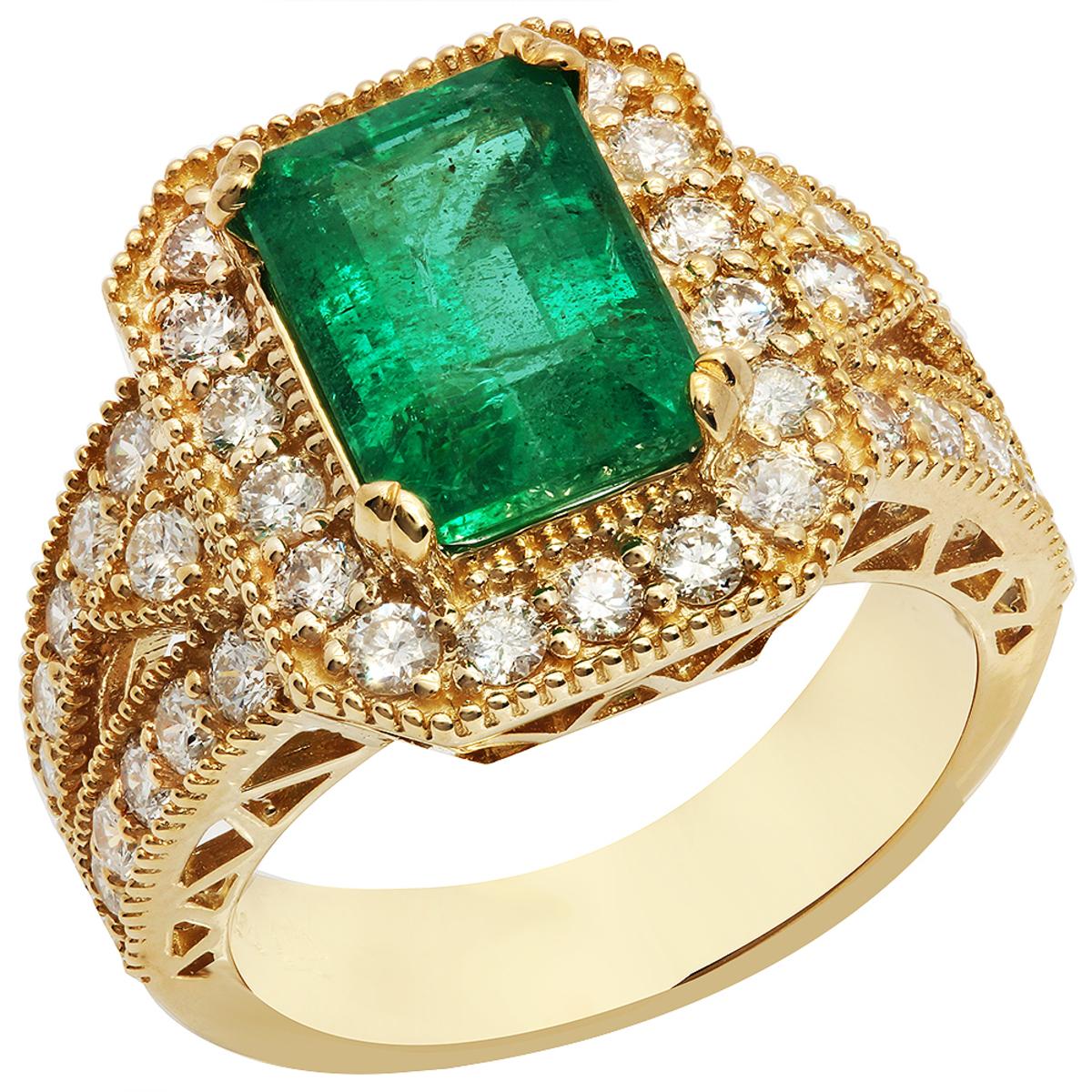 14k Yellow Gold 2.93ct Emerald 1.29ct Diamond Ring