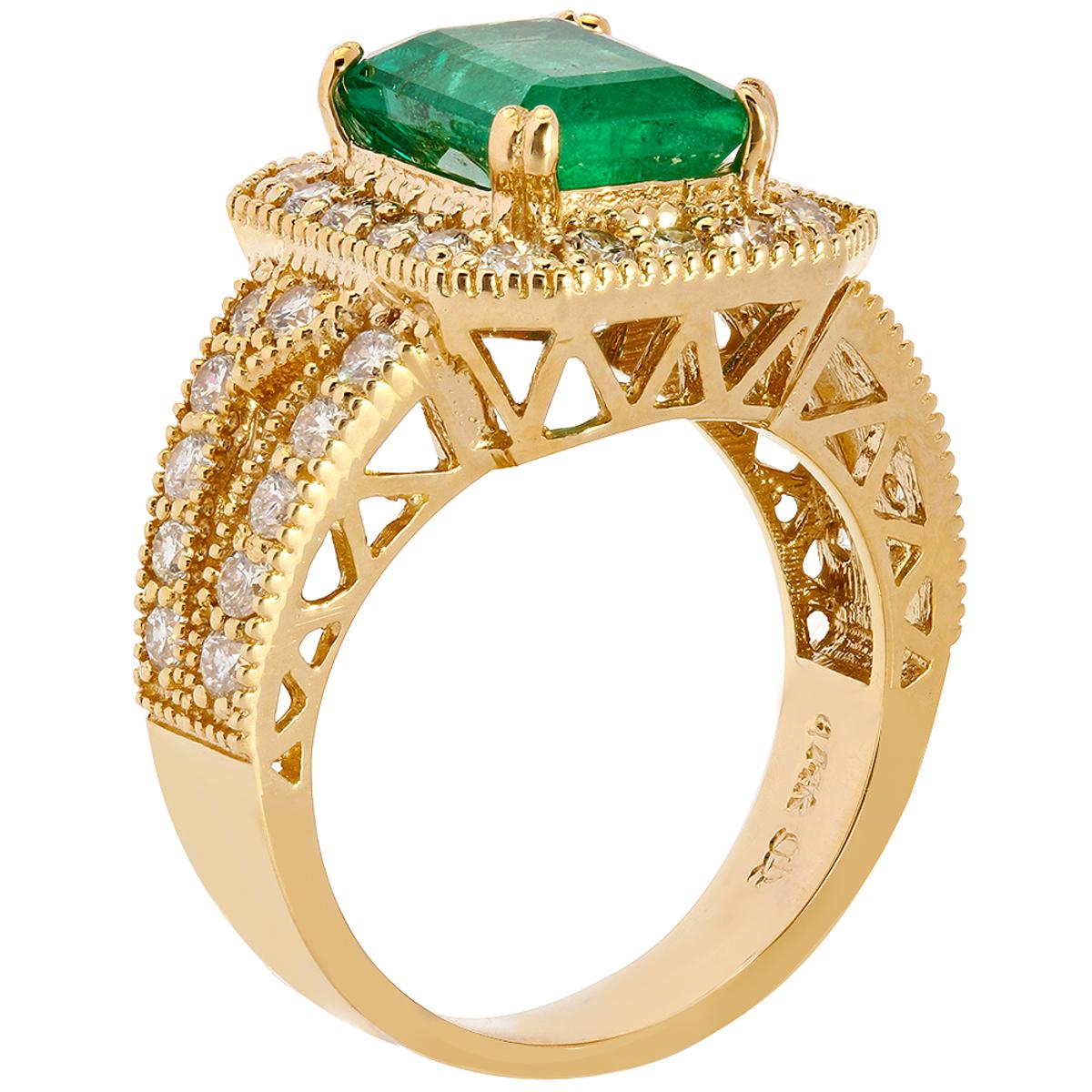 14k Yellow Gold 2.93ct Emerald 1.29ct Diamond Ring