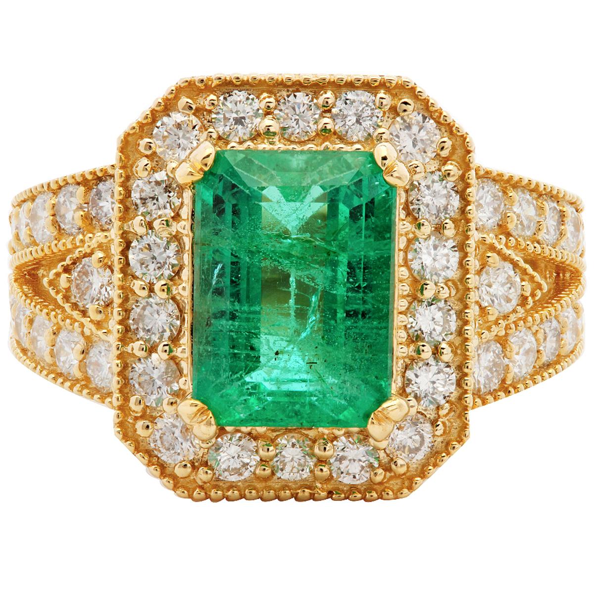 14k Yellow Gold 2.93ct Emerald 1.29ct Diamond Ring