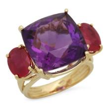 14K Yellow Gold 12.49ct Amethyst and 3.62ct Ruby Ring