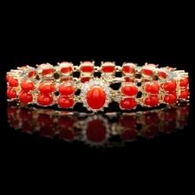 14K Yellow Gold 25.85ct Coral and 0.35ct Diamond Bracelet