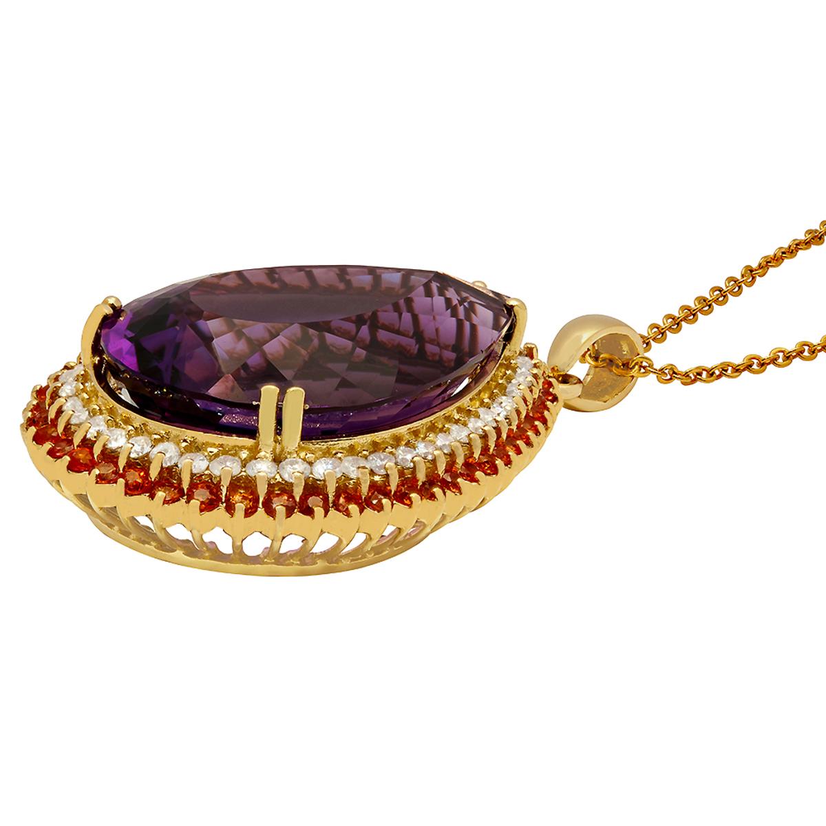 14k Yellow Gold 52.12ct Amethyst 2.12ct Orange Sapphire 1.68ct Diamond Pendant