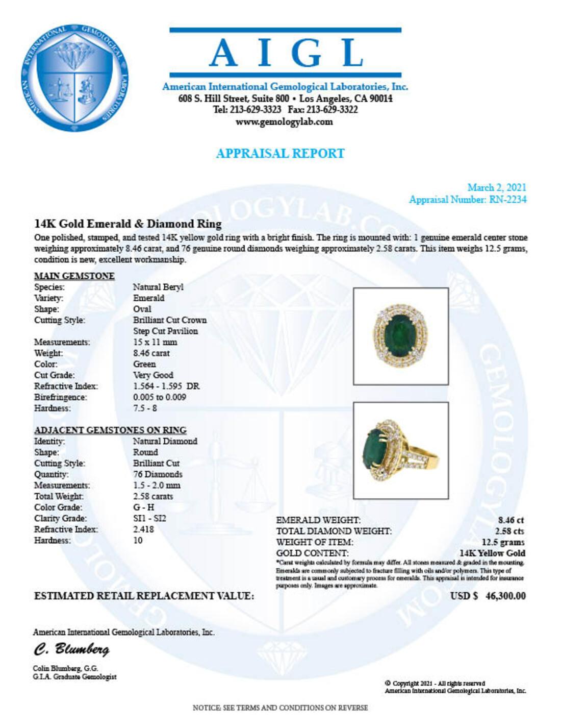 14K Yellow Gold 8.46ct Emerald and 2.58ct Diamond Ring