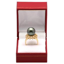 14k Yellow Gold 13mm Pearl 0.41ct Sapphire 0.40ct Diamond Ring