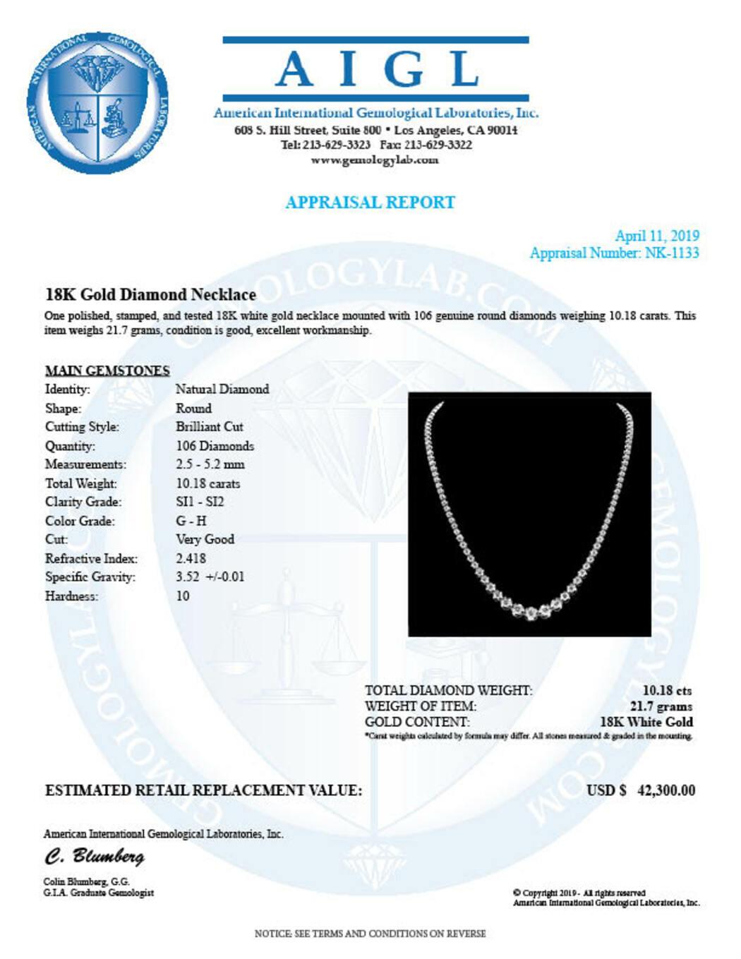 18K White Gold and 10.18ct Diamond Necklace