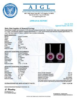 14K Gold 6.17ct Ruby, 4.80ct Pink Sapphire, 1.54ct Diamond Earrings