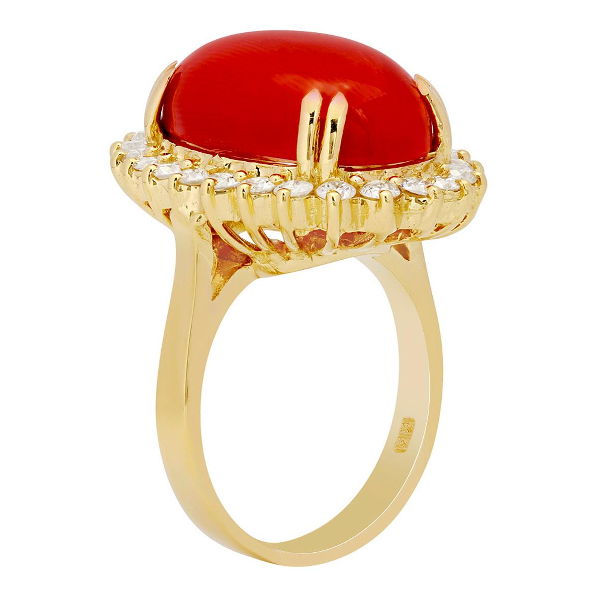 14k Yellow Gold 11.34ct Coral 1.05ct Diamond Ring