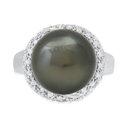 14K White Gold Setting with 13.5mm Tahitian Black Pearl and 0.21ct Diamond Ladies Ring