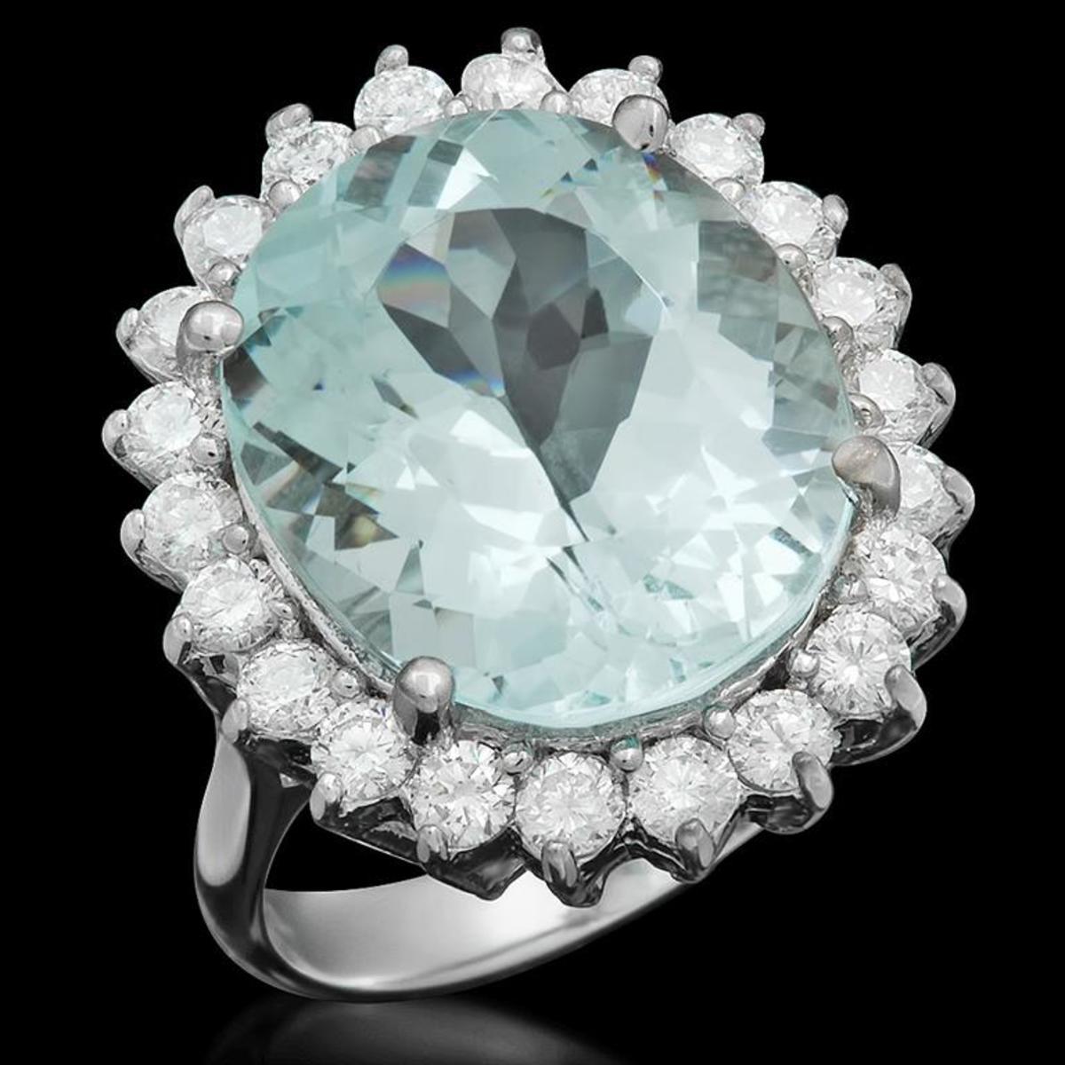 14K White Gold 9.32ct Aquamarine and 1.18ct Diamond Ring