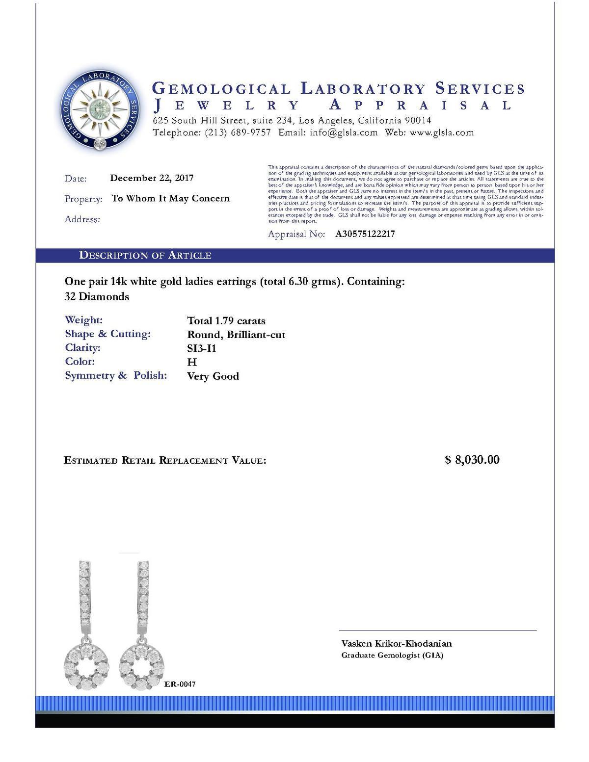 14k White Gold 1.79ct Diamond Earrings