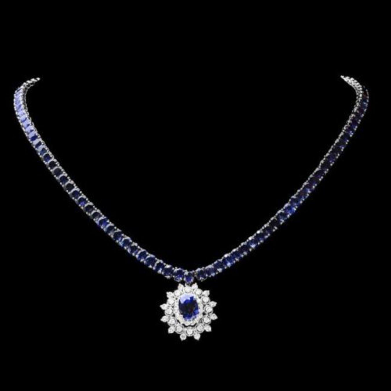 14K White Gold 43.87ct Sapphire and 1.62ct Diamond Necklace