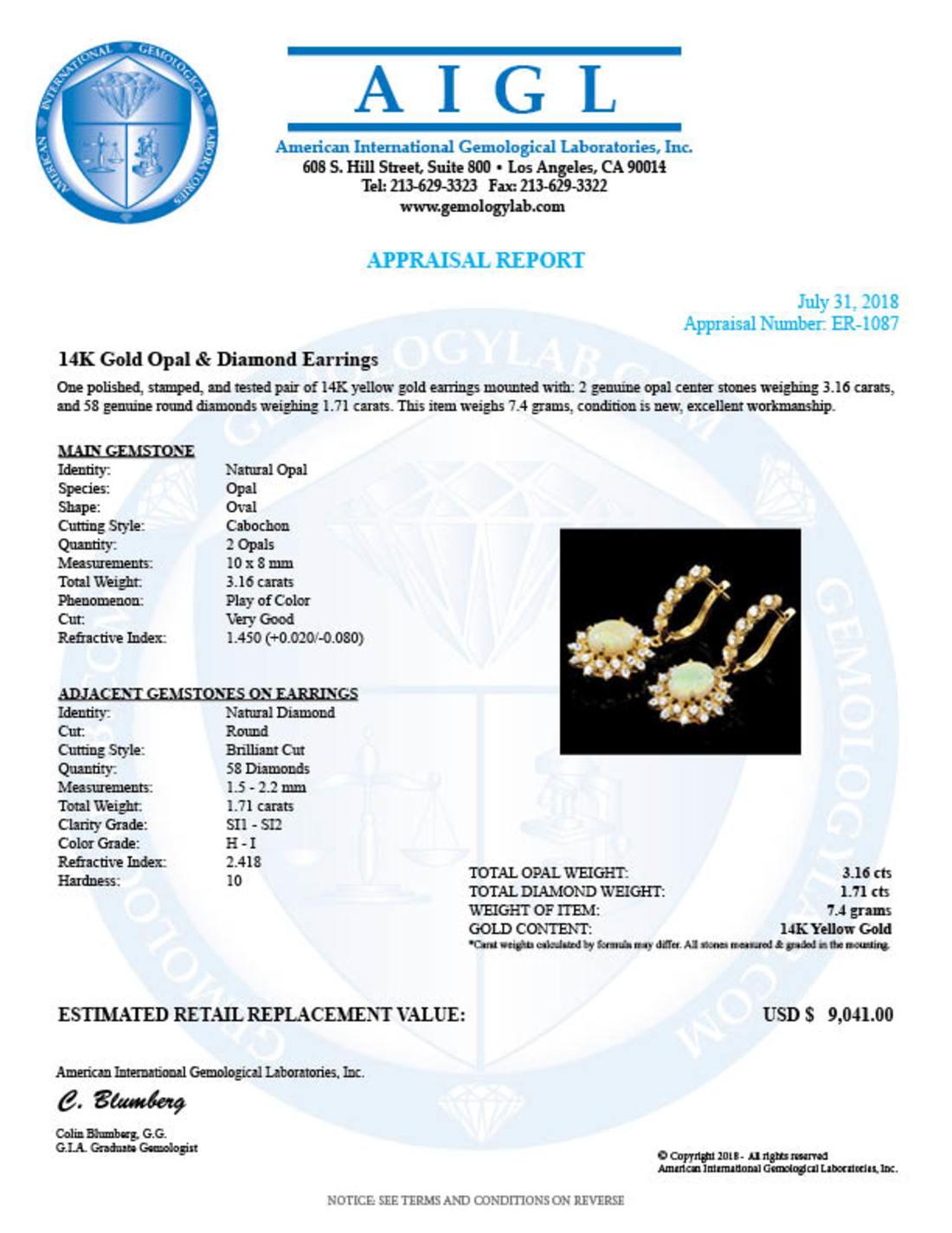 14K Gold 3.16ct Opal 1.71ct Diamond Earrings