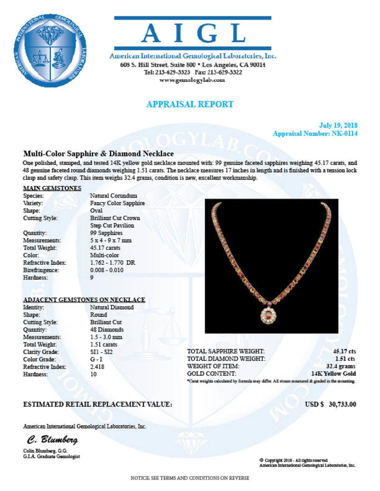 14K Gold 45.17ct Multi-Color Sapphire 1.51ct Diamond Necklace
