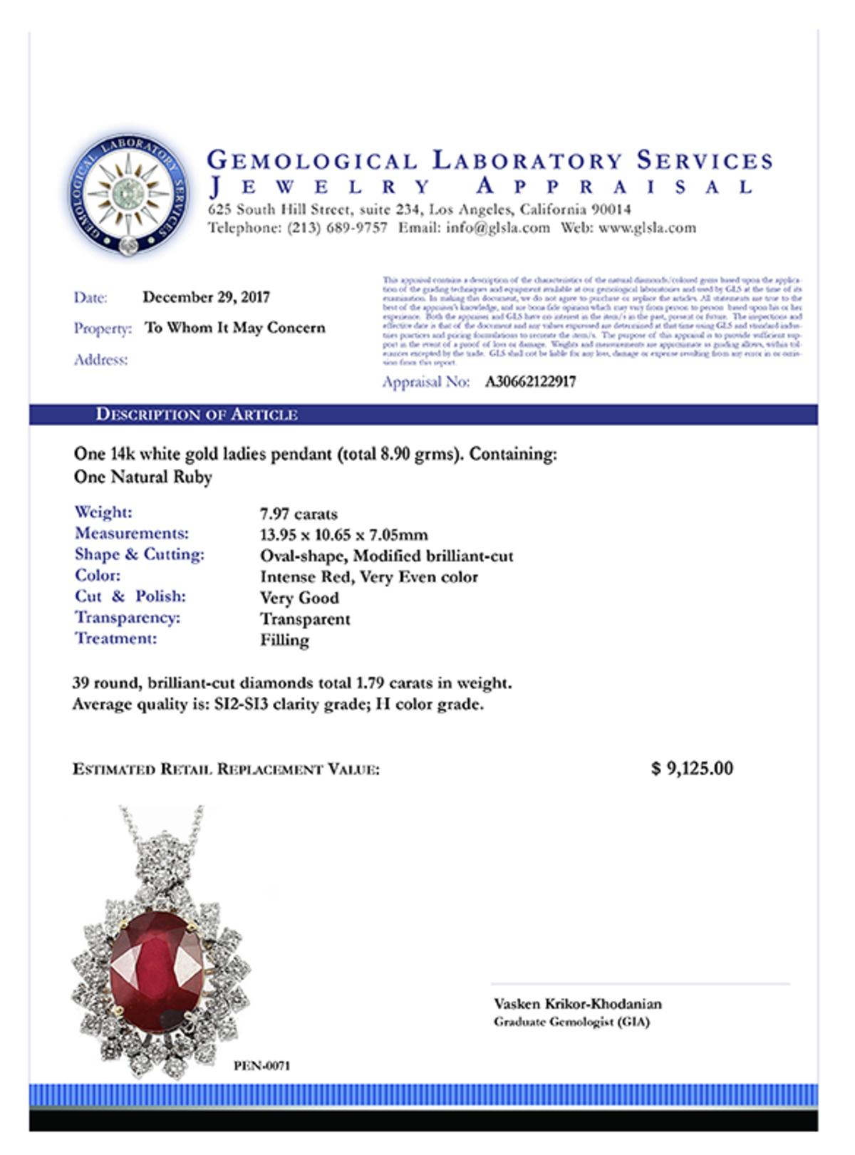 14k White Gold 7.97ct Ruby 1.79ct Diamond Pendant