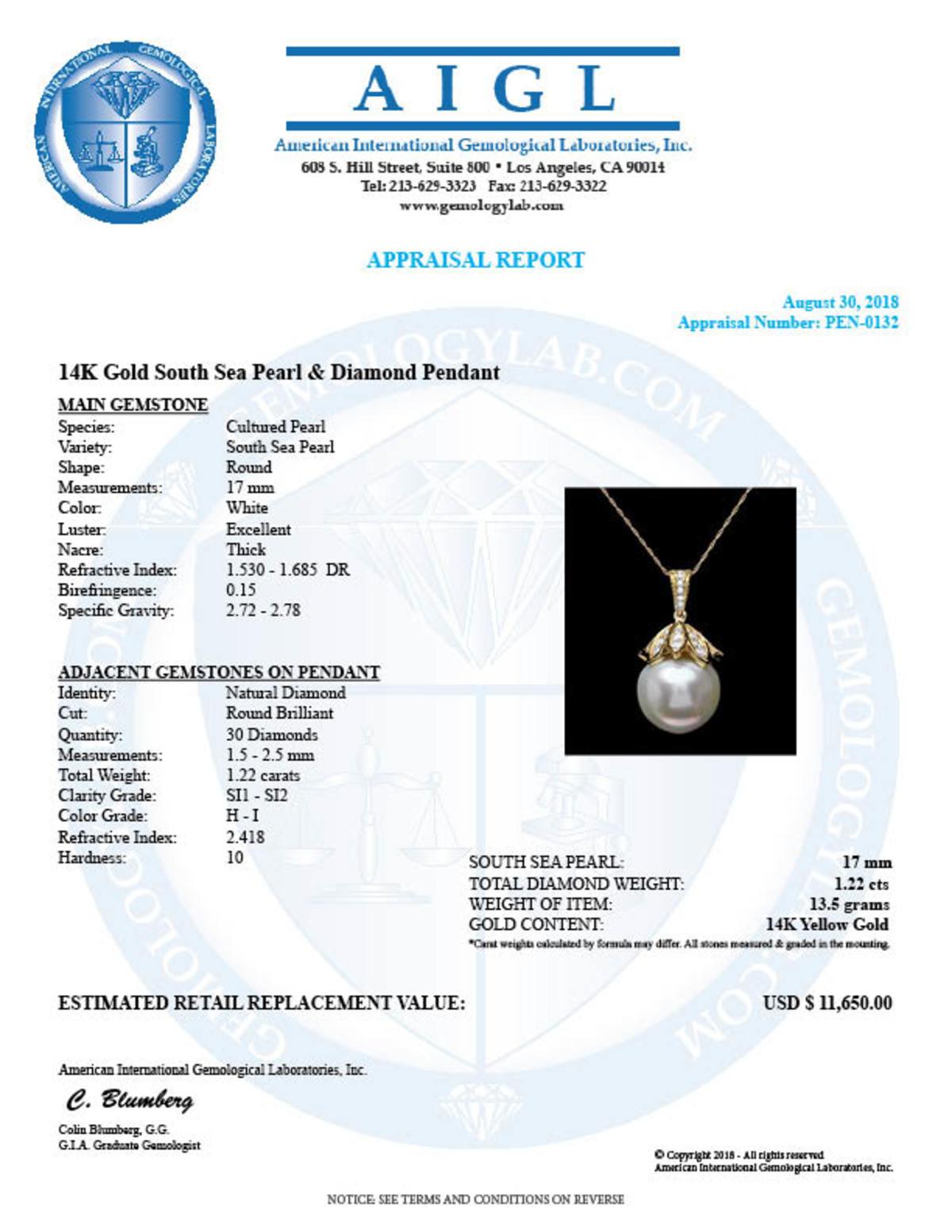 14K Gold 17mm Pearl 1.22ct Diamond Pendant