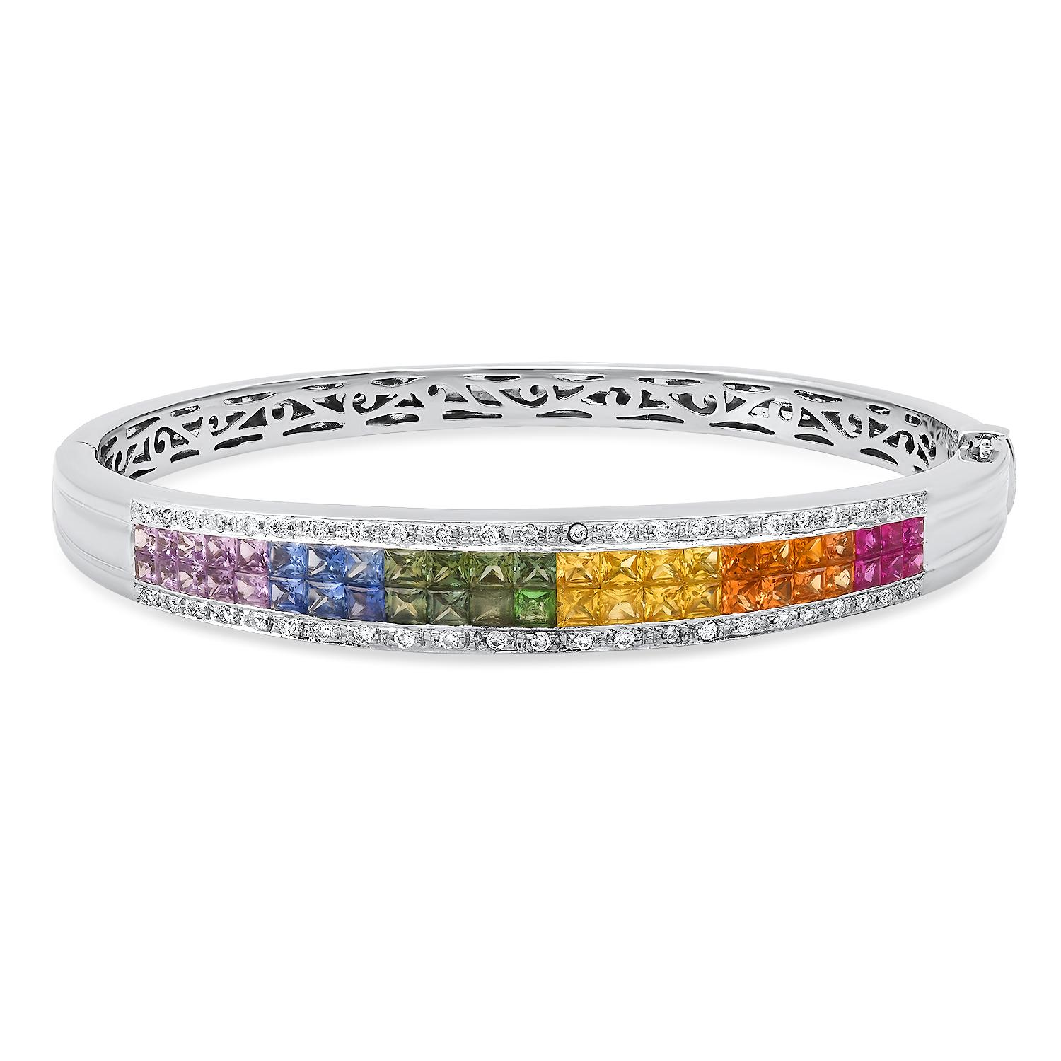 14K White Gold Setting with 4.11ct Multi Colored Sapphire and 0.36ct Diamond Bangle Bracelet