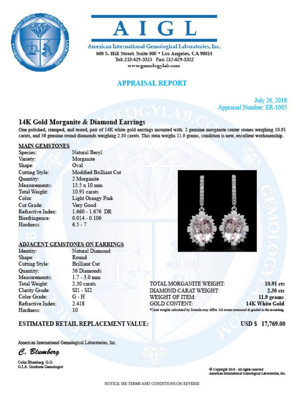 14K Gold 10.91ct Morganite 2.30ct Diamond Earrings