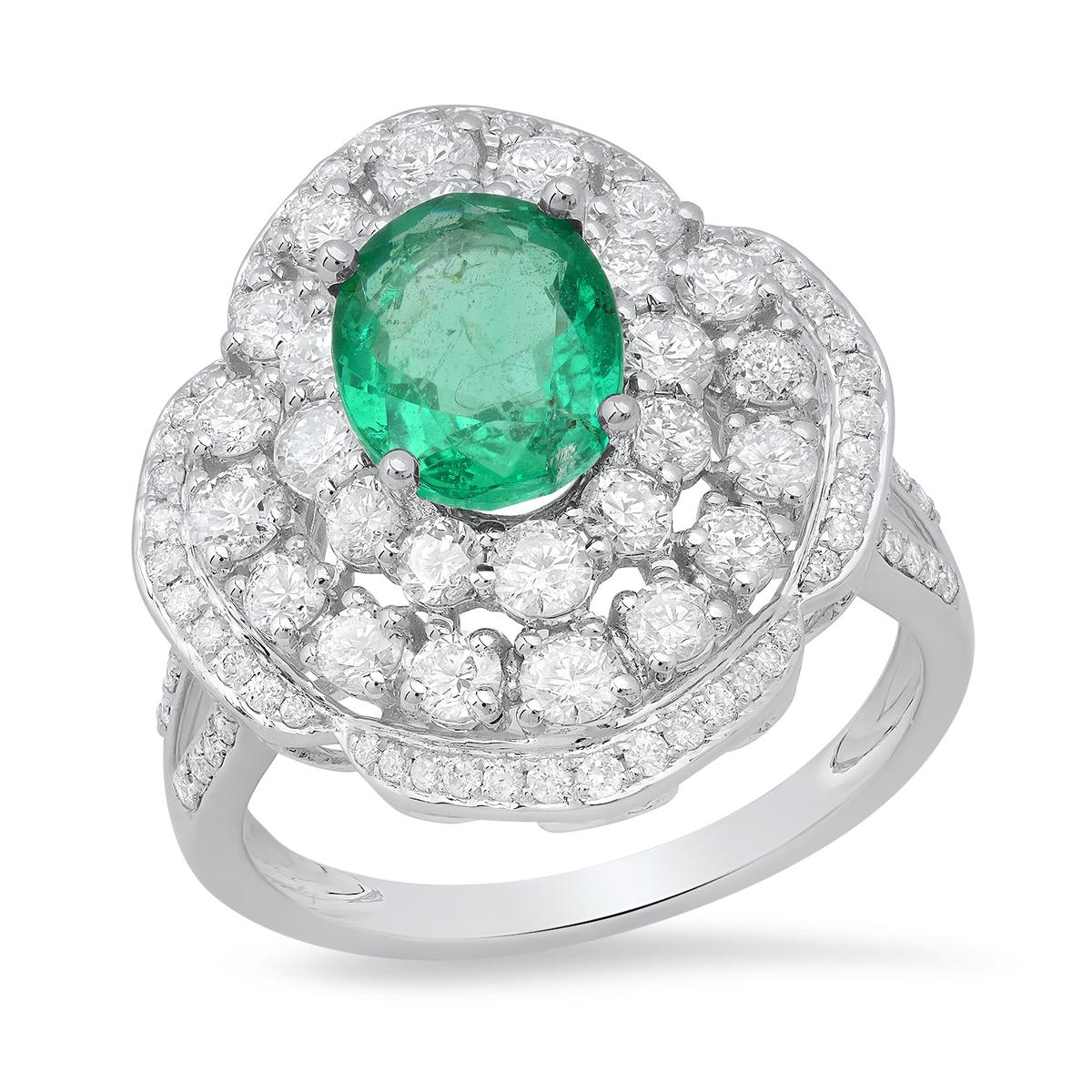 14K White Gold Setting with 1.31ct Emerald and 1.80ct Diamond Ladies Ring