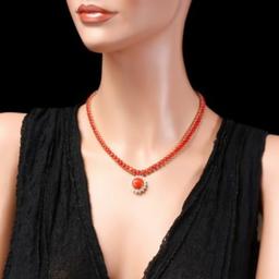 14K Yellow Gold 37.38ct Coral and 0.87ct Diamond Necklace