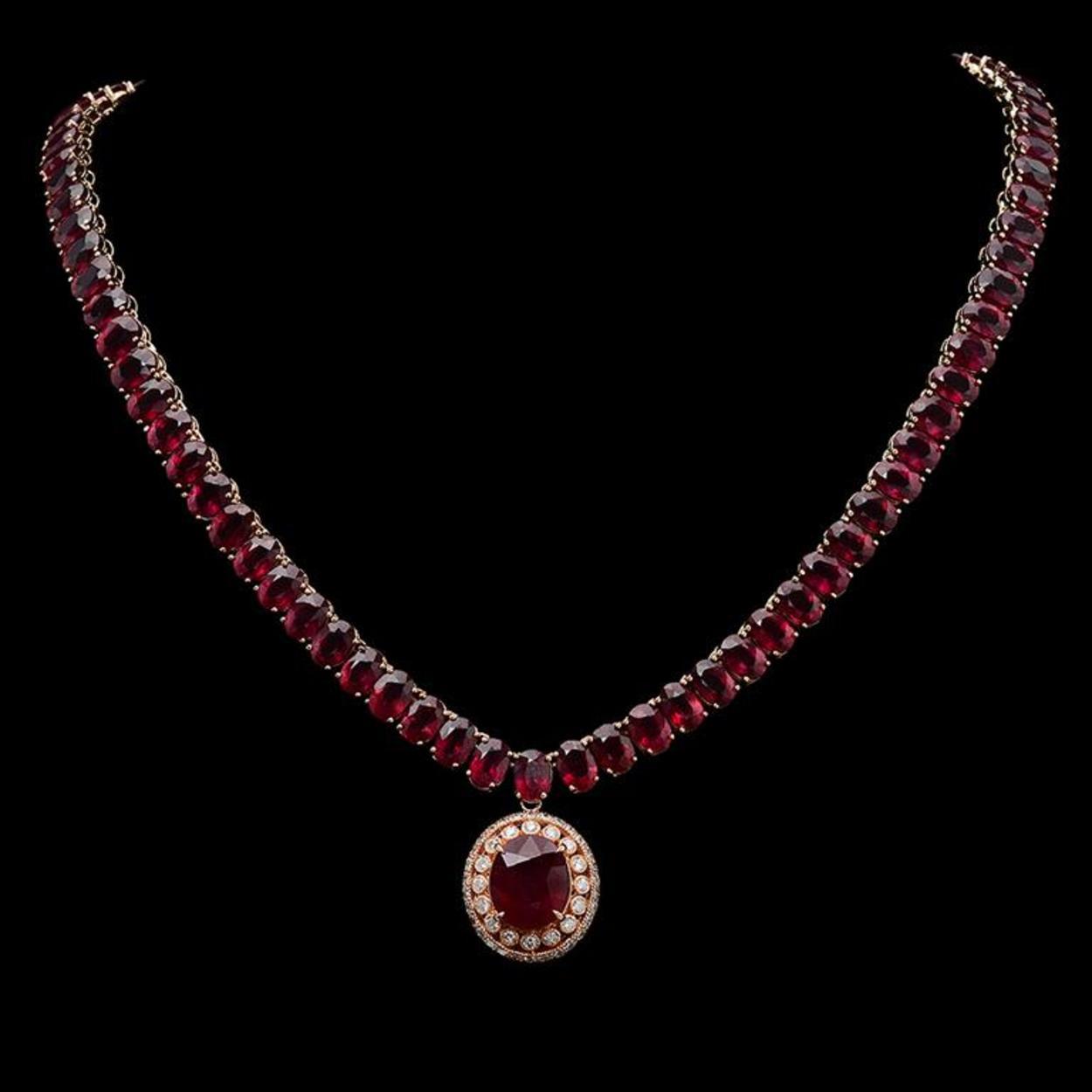 14K Gold 115.49ct Ruby 1.38ct Diamond Necklace