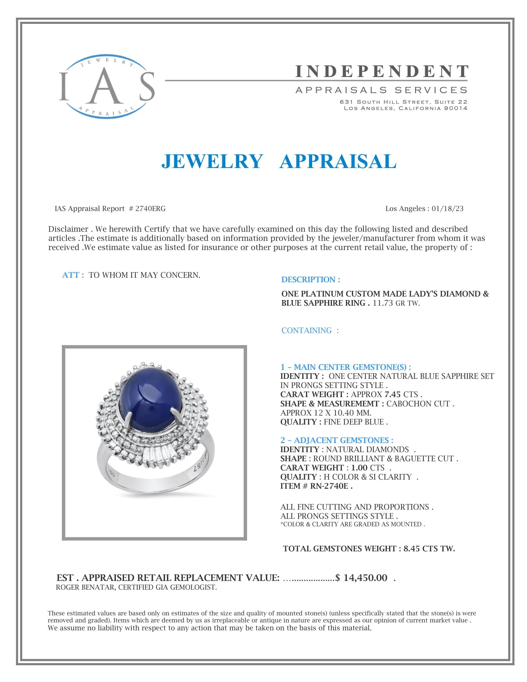 Platinum Setting with 7.45ct Sapphire and 1.0ct Diamond Ladies Ring