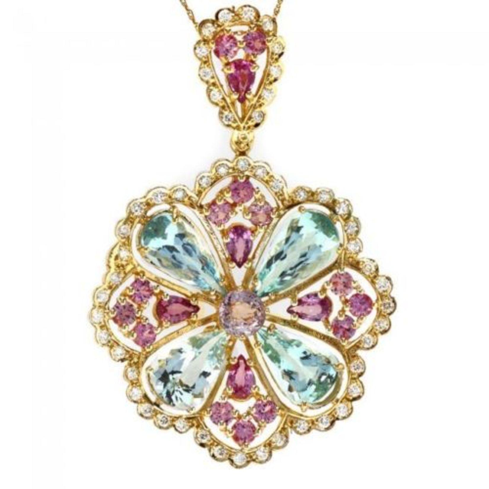 14K Gold 11.86ct Aquamarine 6.46ct Sapphire and Spinel 1.41ct Diamond Pendant