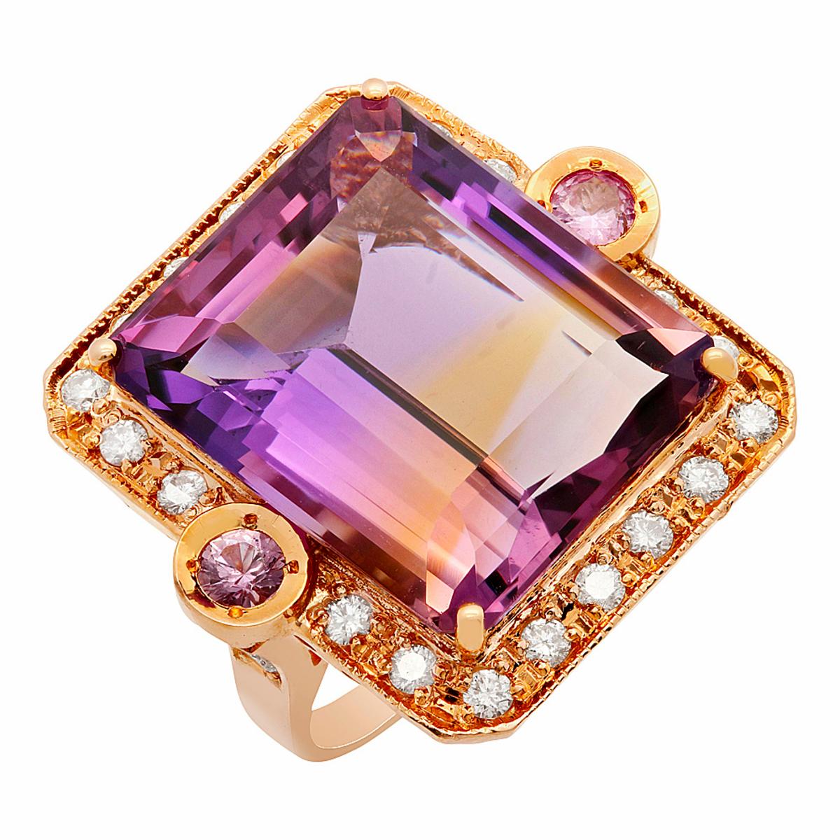 14k Rose Gold 25.80ct Amethyst 0.30ct Pink Sapphire 0.98ct Diamond Ring